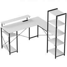 HOMCOM Bureau d'Angle avec Prise Électrique et USB, Étagère et Support de Moniteur, Blanc et Noir