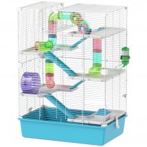 PawHut Cage pour hamster à 6 étages avec tubes, tunnels, cabane, roue d'exercice, gamelle et bouteille d'eau, Bleu clair