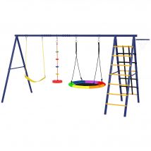 AIYAPLAY Portique balancoire exterieur 6 en 1 avec 3 balançoires, panier de basket, échelle d'escalade et filet, multicolore
