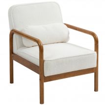 HOMCOM Fauteuil de salon en tissu bouclette avec coussin et cadre en bois d'hévéa, pour chambre, salon, salle à manger, blanc