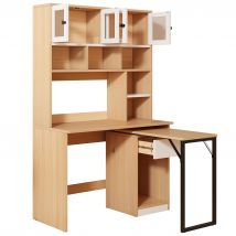 Bureau pour ordinateur Bureau d'angle avec rangement, étagère et armoire, bureau pivotant, 110×55×180 cm, Couleur naturelle＋Blanc   Aosom France