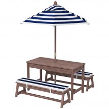 AIYAPLAY Ensemble salon de jardin extérieur enfant avec coussins et parasol amovible, rayé bleu marine et blanc