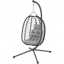 Outsunny Fauteuil suspendu pliable en résine tressée avec support, coussin et oreiller hauteur réglable, gris