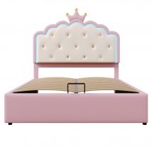Lit rembourré 140 x 200 cm avec sommier à lattes, forme de couronne, espace de rangement hydraulique, sans matelas, Rose