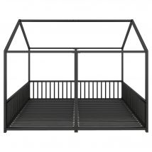 Lit enfant en métal 90×200 cm, design double avec modélisation en forme de maison et garde-corps de sécurité, sans matelas, Noir