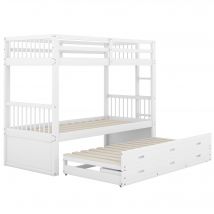 Lit superposé 90x200 cm pour enfants, lit cabane avec échelle, lit gigogne et 3 tiroirs,sans matelas, Blanc