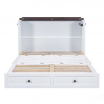 Lit escamotable 140x200 cm, lit plateforme mobile avec tiroirs et étagère, convertible et gain de place, sans matelas, Blanc