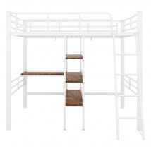 Lit mezzanine avec bureau, étagères, garde-corps et échelle en métal, 90×200 cm, sans matelas, Blanc