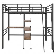 Lit mezzanine avec bureau, étagères, garde-corps et échelle en métal, 90×200 cm, sans matelas, Noir