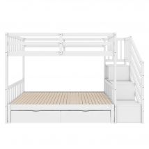Lit superposé bois Lit simple 90x200 cm avec lit gigogne, marches de rangement et deux tiroirs, sans matelas, Blanc   Aosom France
