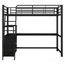 Lit mezzanine avec cadre en fer 90×200 cm, avec bureau en forme de L et tiroirs pratiques,sans matelas,Noir