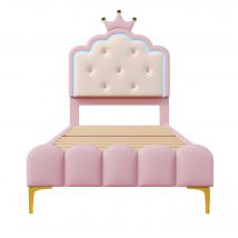 Lit rembourré 90x200 cm avec sommier à lattes, éclairage LED d'ambiance et design princesse, sans matelas, Rose
