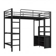 Lit mezzanine avec bureau 90×200 cm, armoire de rangement ouverte, avec garde-corps & échelle, sans matelas, Noir
