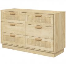HOMCOM Commode design bohème en rotin avec 6 tiroirs, meuble de rangement pour le salon, le couloir, l'entrée, chêne