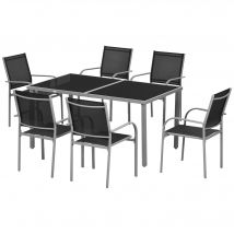 Outsunny Ensemble de jardin 6 chaises + 1 table en acier salon de jardin 7 pièces chaises empilables plateau en verre trempé noir