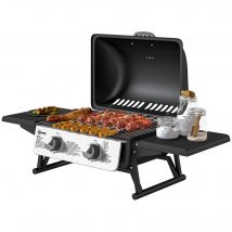 Outsunny Barbecue gaz de table transportable, 2 brûleurs 5,6 KW, barbecue gaz de camping avec étagères latérales, couvercle, noir