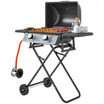 Outsunny Barbecue gaz transportable, 2 brûleurs 5,6 kW, barbecue gaz de camping avec étagères latérales thermomètre et roues, noir