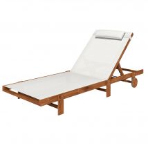 Outsunny Bain de soleil en bois avec roulettes dossier inclinable en 4 positions appui-tête, 84x200x101cm, blanc