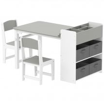AIYAPLAY Ensemble table et 2 chaises enfant en bois avec rouleau de papier, étagères et tiroirs, pour fille garçon 3-8 ans, gris