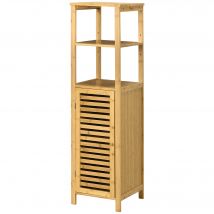 kleankin Meuble colonne salle de bain en bambou 2 étagères ouvertes et placard, 32,9 x 29,9 x 120 cm, effet bois naturel