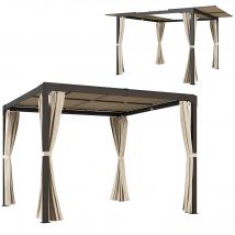 Outsunny Pergola carrée style contemporain avec toit coulissant 2 panneaux et rideaux structure métal aluminium 3 x 3 m beige   Aosom France