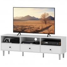 HOMCOM Meuble TV pour jusqu'à 75" avec 3 tiroirs, 3 étagères ouvertes et passe-câbles, 140 x 34 x 45 cm, blanc