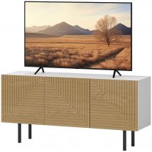 HOMCOM Meuble TV pour jusqu'à 65 pouces avec placards à porte cannelée et passe-câbles pour salon, chambre, effet bois naturel