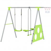 AIYAPLAY Portique balancoire enfant 4 en 1 avec sièges et face à face, panier de basket-ball et but de football, charge 135 kg