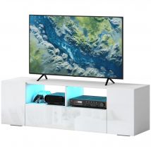 HOMCOM Meuble TV, banc TV, meuble de télévision, jusqu'à 60 pouces, avec LED, 2 étagères et placards, panneau de porte brillant, 137x35x42cm, blanc