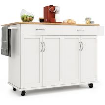 Îlot de cuisine moderne avec plan de travail rabattable, espace de rangement multifonctionnel et roulettes, 106×50×90,5 cm, Blanc
