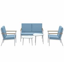 Outsunny Salon de jardin extérieur 4 personnes, salon de balcon 5 pièces avec canapé, 2 fauteuils et 2 tables basses bleu clair
