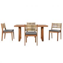 Table et chaise de jardin, Salon de jardin 5 pièces avec table en bois, dossier en rotin, coussinets de pieds, Gris + Couleur naturelle   Aosom France