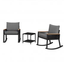Ensemble bistro 3 pièces, ensemble de fauteuils à bascule avec coussins de siège et dossier, table basse en verre trempé, Noir+Naturel