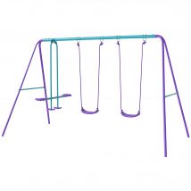 Outsunny Portique balancoire exterieur 3 en 1 avec 1 balançoire face à face et 2 sièges de balancelle, pour enfants 3+ans, violet