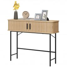 HOMCOM Console meuble, table console avec portes coulissantes à lattes et pieds en acier, pour salon, chêne et noir