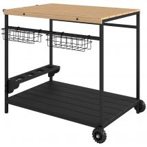 Outsunny Desserte de jardin chariot pour plancha barbecue en bois et métal avec poignée 2 plateaux 2 paniers et porte-bouteilles
