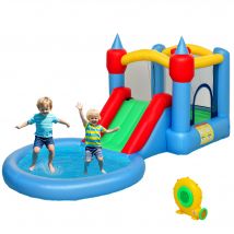 AIYAPLAY Aufblasbares Schloss mit Gebläse 4-in-1 aufblasbare Struktur, Rutschen, Trampolin, Basketballkorb, Bällebad, für Innen- und Außenbereich, für bis zu 3 Kinder im Alter von 3-8 Jahren   Aosom