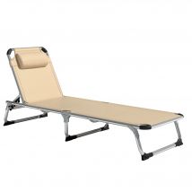 Outsunny Bain de soleil, chaise longue pliante avec appuie-tête, dossier inclinable, aluminium et textilène, beige