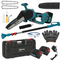 Outsunny Mini tronçonneuse à batterie 8 pouces 6000mAh 580W élagueuse sans fil pour branches et jardin perche télescopique bleu