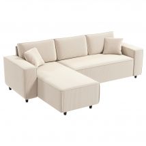 HOMCOM Canapé d'angle réversible 3 places moderne avec coussins inclus, tissu velours côtelé, crème