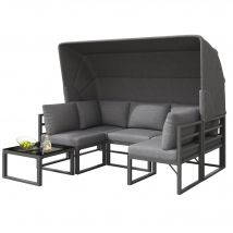 Ensemble salon de jardin, Mobilier de jardin, Salon jardin 4 pièces, canapé trois places avec auvent, 2 fauteuils individuels et table basse, Gris