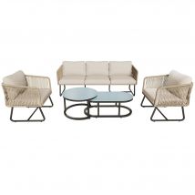 Ensemble de salon de jardin 5 pièces avec corde, pieds réglables, plateau de table en verre lisse, coussins de siège et de dossier inclus, Beige