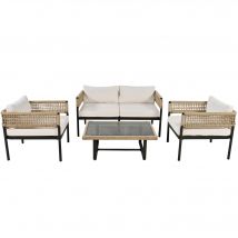 Ensemble salon de jardin, Mobilier de jardin, Salon jardin 4 pièces avec corde, canapé deux places, 2 fauteuils individuels et table basse, Beige