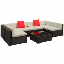 Outsunny Ensemble salon de jardin 7 pièces modulables table basse plateau verre trempé coussins déhoussables inclus résine tressée rotin brun foncé