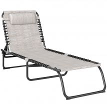 Outsunny Bain de Soleil transat Chaise longue Pliable Dossier inclinable Acier thermoplastique Lacets élastiques Noir textilène crème