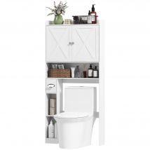 HOMCOM Meuble WC dessus de toilette avec placard à porte de grange, étagère réglable, compartiments et porte-papier, blanc