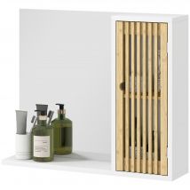HOMCOM Armoire de salle de bain avec miroir, étagère, porte à lattes en bambou et étagère réglable, blanc