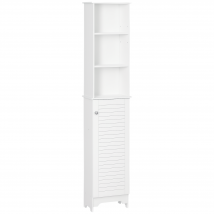 HOMCOM  Badezimmerschrank mit höhenverstellbarem Regal schmaler Badschrank Badmöbel mit Lamellentür Badezimmer-Hochschrank MDF Spanplatte Weiß   Aosom