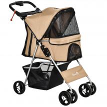 PawHut Faltbarer Hundewagen für kleine Hunde, Hundekinderwagen mit Bremse, Getränkehalter, Aufbewahrungskorb, 3 Fenstern und 360° Vorderrädern, Für Haustiere bis 10 kg, Braun   Aosom