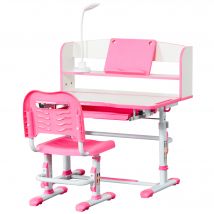 HOMCOM Set Schreibtisch und Stuhl für Kinder 6-12 Jahre höhenverstellbar, Kinderschreibtisch mit 45° neigbarer Platte, Lampe, Schublade, Regal, Stifthalter und Lesegestell, aus Stahl und MDF, Rosa   Aosom